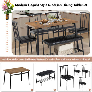 uhomepro 6-Piece Modern Dining Set for Home, Kitchen, Dining Room w/ Storage Rack, Rectangular Table, Bench, 4 PU Leather Chairs, Steel Frame