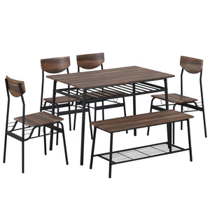 uhomepro 4 Piece Kitchen Dining Table and Chair Set, Brown and Black Dining Room Table Set for 4 with 2 PU Leather Chairs and Bench, Dining Set with Storage Rack for Dining Room Kitchen Apartment