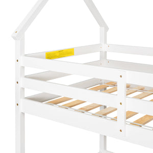 Low Bunk Bed Twin Over Twin for Kids Bedroom, Wood Twin Bunk Bed Frame with Safety Rail, Ladder, Heavy Duty Twin Bunk Beds Mattress Foundation for Boys Girls, No Box Spring Needed