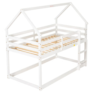 Low Bunk Bed Twin Over Twin for Kids Bedroom, Wood Twin Bunk Bed Frame with Safety Rail, Ladder, Heavy Duty Twin Bunk Beds Mattress Foundation for Boys Girls, No Box Spring Needed