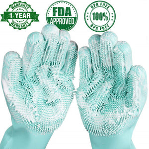 Magic Silicone Gloves, Reusable Dishwashing Gloves with Wash Scrubber, Heat Resistant Cleaning Gloves for Kitchen, Car, Bathroom and Pet Hair Care, I3558