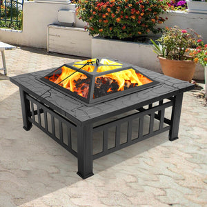 Wood Burning Fire Pits for Outside, 32" Square Iron Fire Pit Backyard Patio Garden Stove Wood Burning Fire Pit w/ Mesh Screen Lid, Wood Grate, Poker, Durable Fire Pit
