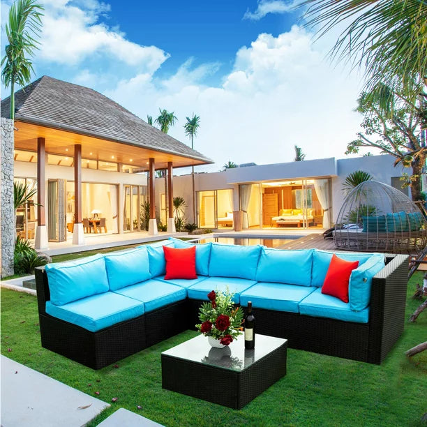 Patio Furniture Sectional Sofa Sets, 5 Piece Patio Wicker Outdoor Furniture Set with 2 Pillow, Blue Cushion and Coffee Table, Outdoor Conversation Sets for Backyard Lawn Bistro Poolside Garden, W15963