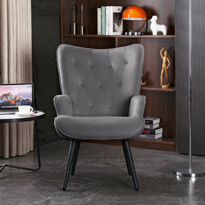 UHOMEPRO Modern Accent Chair, Velvet Tufted Button Wingback Vanity Lounge Chair with Arms Upholstered Sofa Leisure Chair with Tapered Legs for Living Room Bedroom Waiting Room, Velvet Grey
