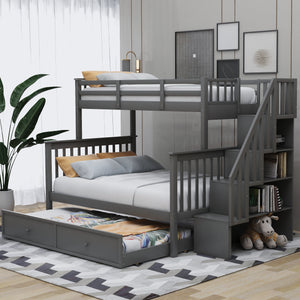 uhomepro Twin Over Full Bunk Bed with Trundle, Pinewood Bed Frame with Guardrail Built-in Storage Ladder, Bunk Beds Can be Converted into 2 Platform Bed for Boys Girls, Espresso