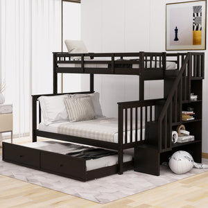 uhomepro Twin Over Full Bunk Bed with Trundle, Pinewood Bed Frame with Guardrail Built-in Storage Ladder, Bunk Beds Can be Converted into 2 Platform Bed for Boys Girls, Espresso