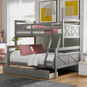 uhomepro Bunk Bed with 2 Storage Drawers, Twin over Full Solid Wood Bunk Bed for Kids Teens Adults, Can be Convertible into 2 Beds, No Box Spring Needed, Gray