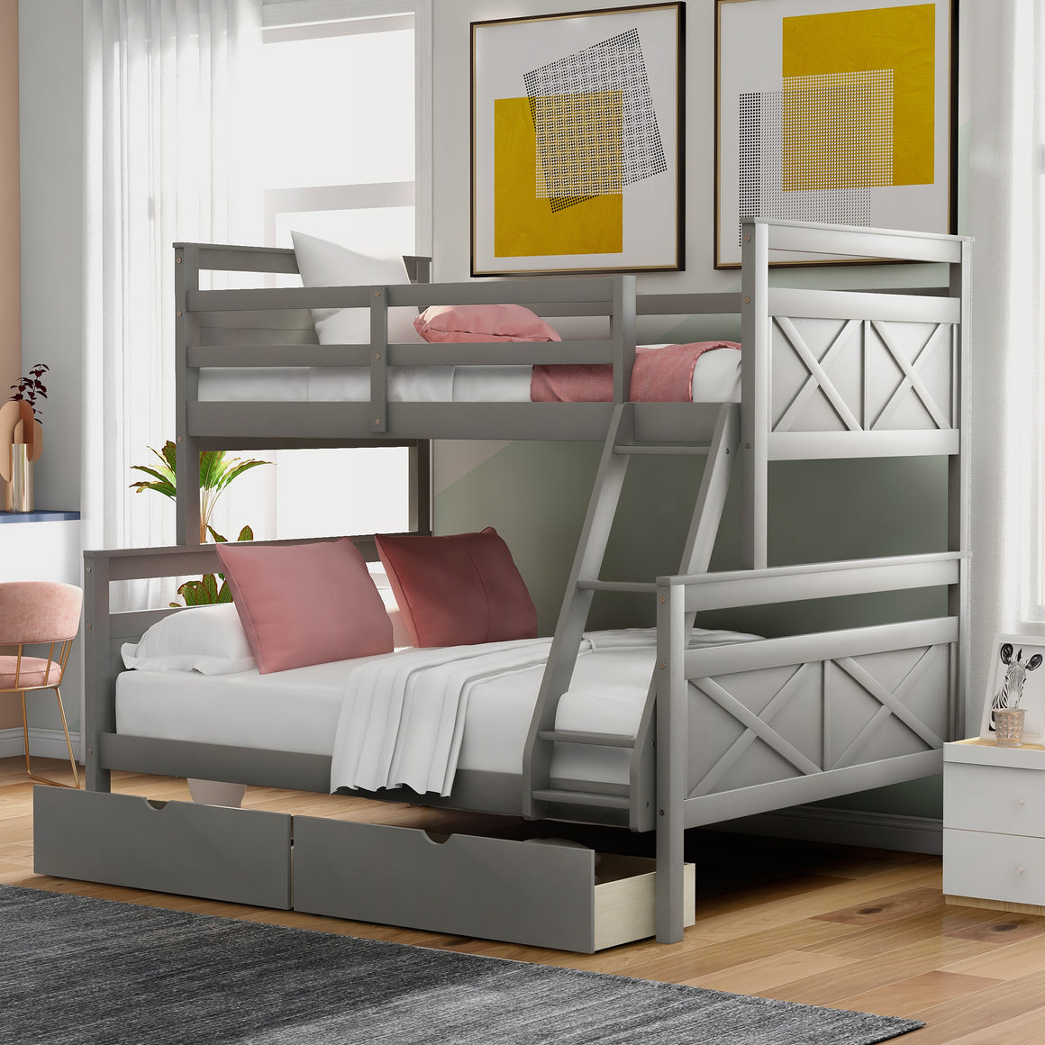 uhomepro Bunk Bed with 2 Storage Drawers, Twin over Full Solid Wood Bunk Bed for Kids Teens Adults, Can be Convertible into 2 Beds, No Box Spring Needed, Gray