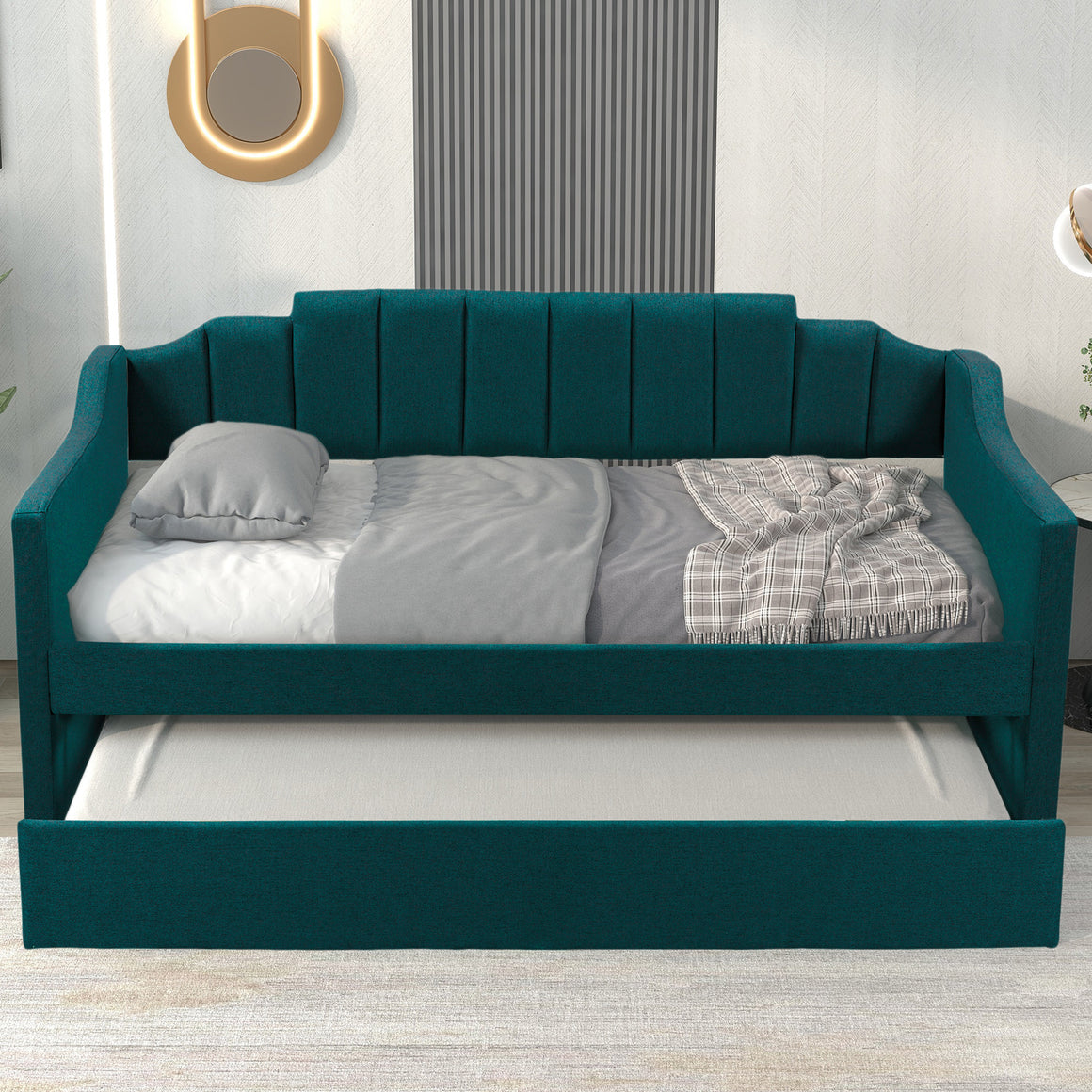 uhomepro Upholstered Twin Size Wooden Slats Daybed Bed with Trundle, Sofa Bed Platform Bed Frame with Armrest and Back Support, No Box Spring Needed, Green