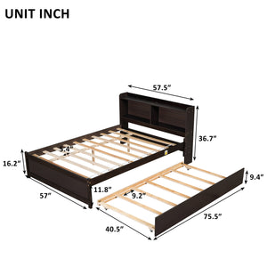 uhomepro Full Bed with Trundle, Full Size Platform Bed with Bookcase Headboard and Pull Out Trundle Bed, Wooden Full Bed Frame with Storage Shelves, No Box Spring Needed