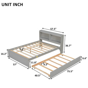 uhomepro Full Bed with Trundle, Full Size Platform Bed with Bookcase Headboard and Pull Out Trundle Bed, Wooden Full Bed Frame with Storage Shelves, No Box Spring Needed