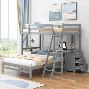 uhomepro Twin over Full Bunk Bed with Desk and Drawers, Solid Wood Loft Bed with Guardrail and Ladder for Kids Teens Adults, Can Be Divided Into 2 Beds, Multi-functional Bunk Bed, Natural