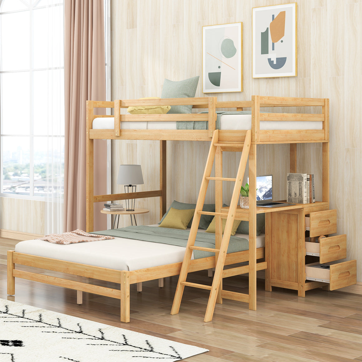 uhomepro Twin over Full Bunk Bed with Desk and Drawers, Solid Wood Loft Bed with Guardrail and Ladder for Kids Teens Adults, Can Be Divided Into 2 Beds, Multi-functional Bunk Bed, Natural