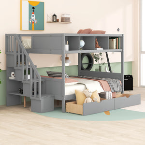 uhomepro Wood Twin over Full Bunk Bed with Shelves, Storage Staircase, 2 Drawers, Bunk Bed Frame with Guardrails for Kids Teens Adults, Gray