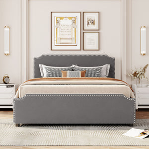 uhomepro Upholstered Storage Platform Bed Frame with Nail Trim Headboard, Drawer Bed Queen Size for Adults Bedroom, Mattress Foundation No Box Spring Needed, Gray