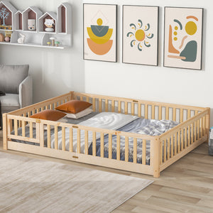 uhomepro Full Size Floor Bed for Kids, Platform Bed Frame with Fence-Shaped Guardrails and Door, Wooden Floor Bed for Kids, Toddler, Boys Girls