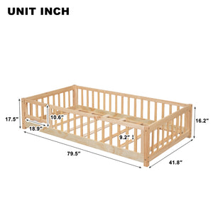 uhomepro Full Size Floor Bed for Kids, Platform Bed Frame with Fence-Shaped Guardrails and Door, Wooden Floor Bed for Kids, Toddler, Boys Girls