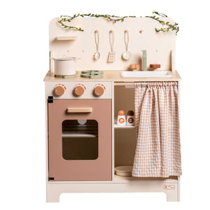 UHOMEPRO Play Kitchens for Toddlers,Toy Kitchen Sets with Leaf Light String, Apron, and Groves,Wooden Pretend Play Kitchen for Toddlers 3+, Brown