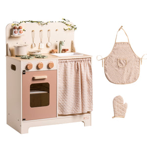 UHOMEPRO Play Kitchens for Toddlers,Toy Kitchen Sets with Leaf Light String, Apron, and Groves,Wooden Pretend Play Kitchen for Toddlers 3+, Brown