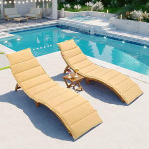 uhomepro 3-Piece Folding Pool Chairs, Patio Wood Chaise Loungers, Chaise Lounge Chair Outdoor Set Pool Furniture for Backyard Garden, Couch Cushioned Recliner Chair with Foldable Tea Table