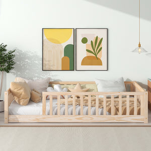 uhomepro Twin Floor Bed Frame for Toddlers, Platform Floor Bed with Fence, Low Wood Platform Beds for Girls Boys Kids