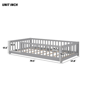 uhomepro Twin Floor Bed Frame for Toddlers, Platform Floor Bed with Fence, Low Wood Platform Beds for Girls Boys Kids