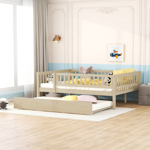 uhomepro Full Size Daybed Frame with Fence and Trundle for Kids, Toddlers, Wood Full Platform Bed Frame, No Box Spring Needed