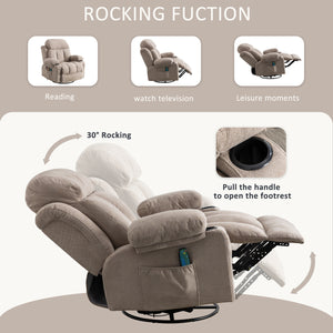 uhomepro Massage Swivel Rocker Recliner Chair with Heat and Vibration, Manual Rocking Recliner Chair for Living Room, Fabric Lounge Chair with Side Pocket, 2 Cup Holders, USB Charge Port, Brown