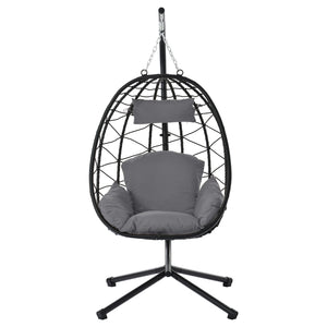uhomepro Outdoor Hanging Egg Swing Chair with Cushion and Stand, Backyard Patio Indoor Hanging Egg Chair with Steel Frame, Headrest Pillow