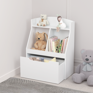 UHOMEPRO Bookshelves and Toy Storage Organizer, Solid Color Simple Style Small Bookshelf, Bookcase for Kids with Rolling Toy Box, White