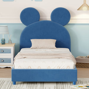 uhomepro Upholstered Twin Size Bed Frame for Adults Kids, Platform Bed Frame with Upholstered Bear Ear Shaped Headboard, Wood Slat Support, No Box Spring Needed, Blue