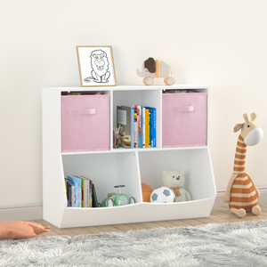 Kids Bookshelf, UHOMEPRO Bookcase Footboard Suitable for Children's Room, Kindergarten, School, Storage Cabinets Shelveswith Collapsible Fabric Drawers, White/Pink
