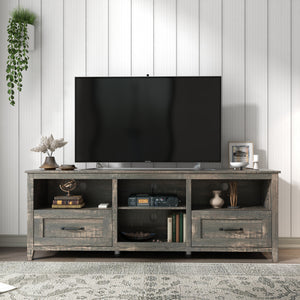 UHOMEPRO Farmhouse TV Stand, TV Console Table for TVs up to 70.08", Media Console Entertainment Center for Living Room with Storage Drawers and Shelves, Grey