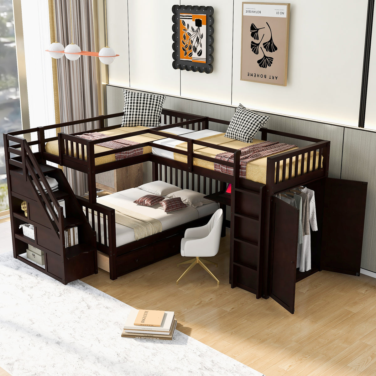 uhomepro Bunk Bed with Drawers Portable Desk Wardrobe, Twin Twin over