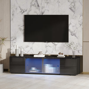 uhomepro TV Stand for Living Room up to 65" Television, Entertainment Center with LED Lights and Storage Shelves Furniture, High Gloss TV Cabinet Console Table with Marble Texture Desktop, Black