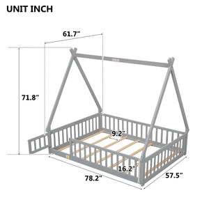 uhomepro Twin Floor Toddler Bed Frame, Kids Tent-shaped House Bed with Fence, Low Wood Beds for Girls Boys