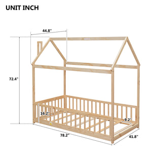 uhomepro Twin House Bed with Fence, Floor Toddler Twin Bed Frame with Wood Slats Support, Kid Beds for Girls Boys