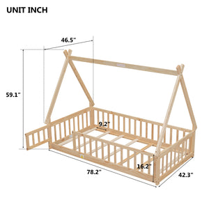uhomepro Twin Floor Toddler Bed Frame, Kids Tent-shaped House Bed with Fence, Low Wood Beds for Girls Boys