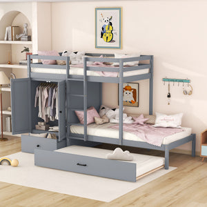 uhomepro Twin over Twin Bunk Bed, Wood Bunk Bed with Wardrobe, Drawers Shelves for Kids Teens Adults Bedroom Dorm, No Box Spring Required, Gray