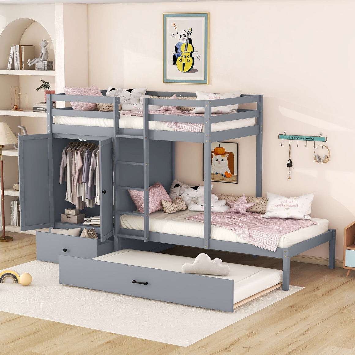 uhomepro Twin over Twin Bunk Bed, Wood Bunk Bed with Wardrobe, Drawers Shelves for Kids Teens Adults Bedroom Dorm, No Box Spring Required, Gray