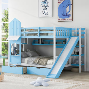 uhomepro Twin Over Twin Bunk Bed, Castle Style Bunk Bed with 2 Drawers 3 Shelves, Playhouse Style Bunk Bed with Side Ladders Slide for Kids Teens Boys Girls, Blue