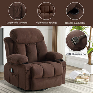 uhomepro Massage Swivel Rocker Recliner Chair with Heat and Vibration, Manual Rocking Recliner Chair for Living Room, Flannel Fabric Lounge Chair with Side Pocket, 2 Cup Holders, USB Port