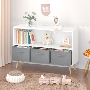 UHOMEPRO Kids Bookshelves, Multifunctional Bookcase with Collapsible Fabric Drawers, Floor Storage Cabinet Toy Chest Gifts for Children, White/Gray