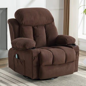 uhomepro Massage Swivel Rocker Recliner Chair with Heat and Vibration, Manual Rocking Recliner Chair for Living Room, Flannel Fabric Lounge Chair with Side Pocket, 2 Cup Holders, USB Port
