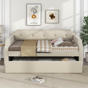 uhomepro Upholstered Twin Size Daybed with Roll-Out Trundle, Platform Button Tufted Bed Frame Sofa Daybed for Living Room, No Box Spring Needed, Beige