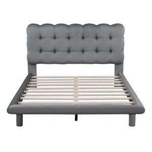 UHOMEPRO Full Bed Modern Velvet Platform Bed with LED Lights Frame, Soft Fabric Button-tufted Design Upholstered Headboard, Bed Frame Strong Wood Slats Support, Beige