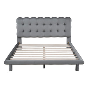 UHOMEPRO Full Bed Modern Velvet Platform Bed with LED Lights Frame, Soft Fabric Button-tufted Design Upholstered Headboard, Bed Frame Strong Wood Slats Support, Beige