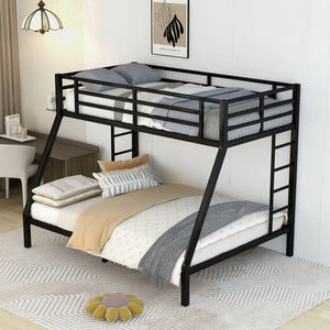 uhomepro Bunk Bed, Metal Full XL Over Queen Size Bunk Bed Frame with Stairs Full-Length Guardrail, Heavy Duty Bed Frame for Kids Teens Adults, No Box Spring Needed, Black