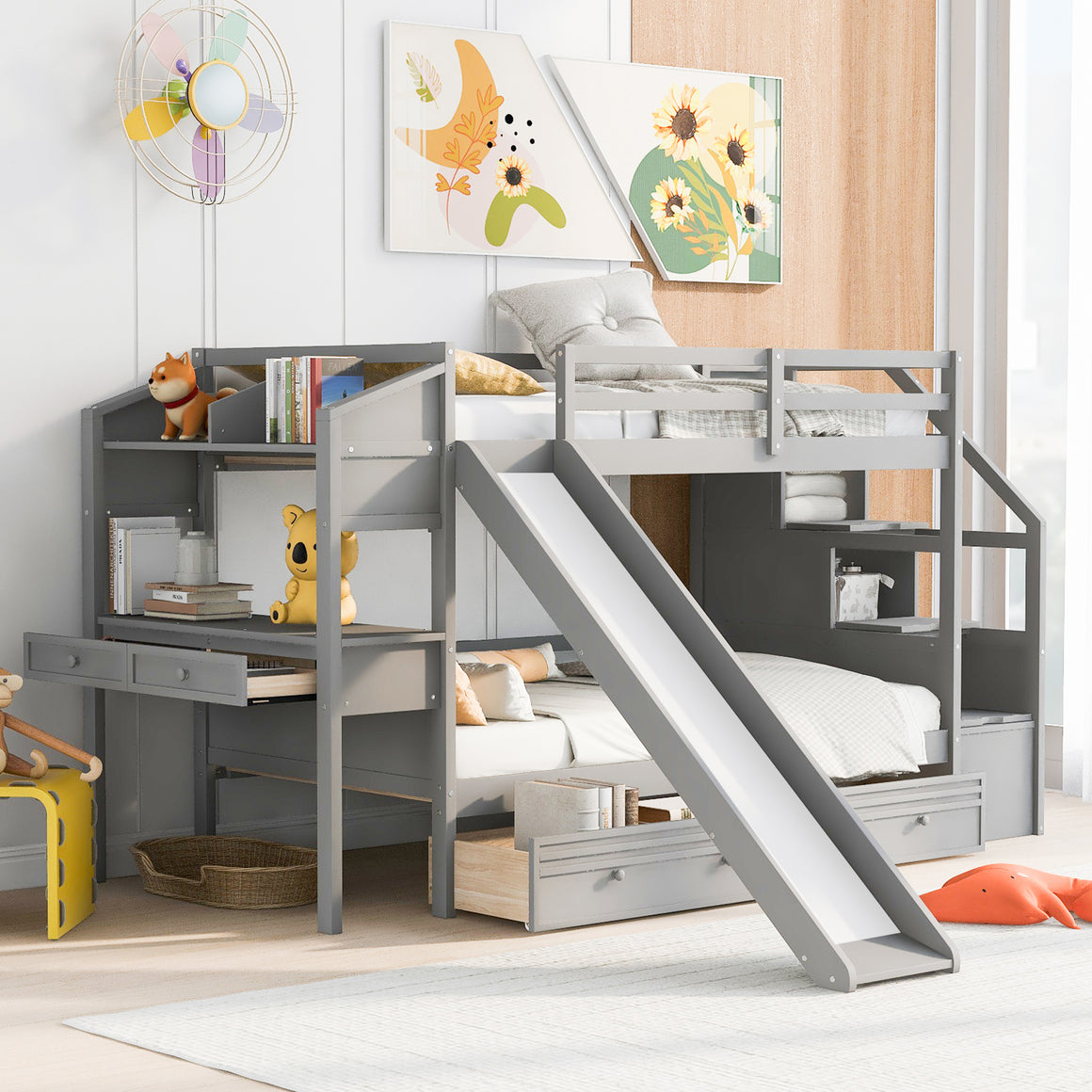 uhomepro Twin over Twin Bunk Bed with Storage Staircase Slide Drawers Desk Shelves, Bunkbed Frame for Kids Teens, No Box Spring Needed, Gray