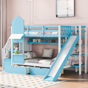 uhomepro Twin Over Twin Bunk Bed, Castle Style Bunk Bed with 2 Drawers 3 Shelves, Playhouse Style Bunk Bed with Side Ladders Slide for Kids Teens Boys Girls, Blue